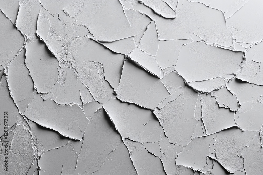 Poster textured white cracked wall surface with broken plaster and abstract geometric patterns for backgrou