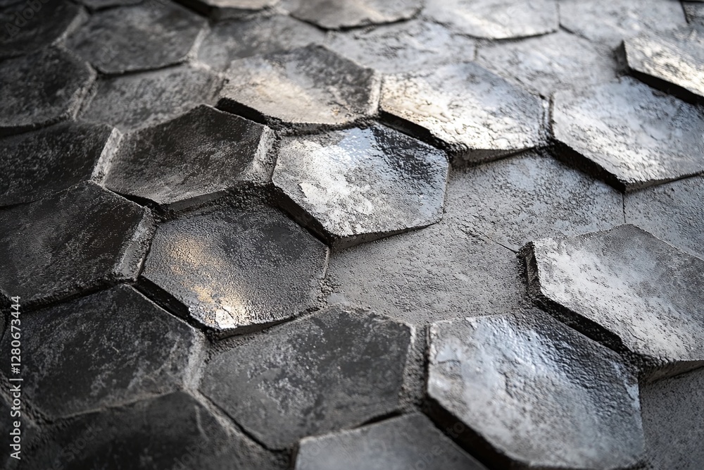 Poster closeup of textured black hexagonal tiles with reflective metallic surface in rustic finish
