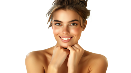 A Relaxed and Beautiful Young Woman with Her Hands on Cheek on Transparent Background, PNG