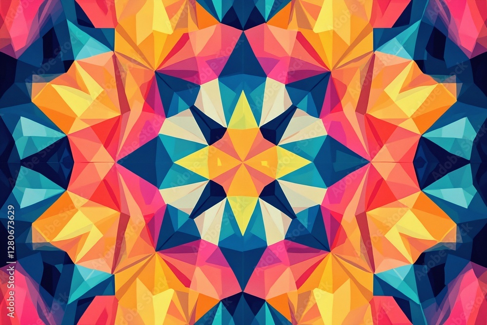 Poster vibrant geometric abstract pattern with symmetrical shapes and bright primary colors on dark backgro