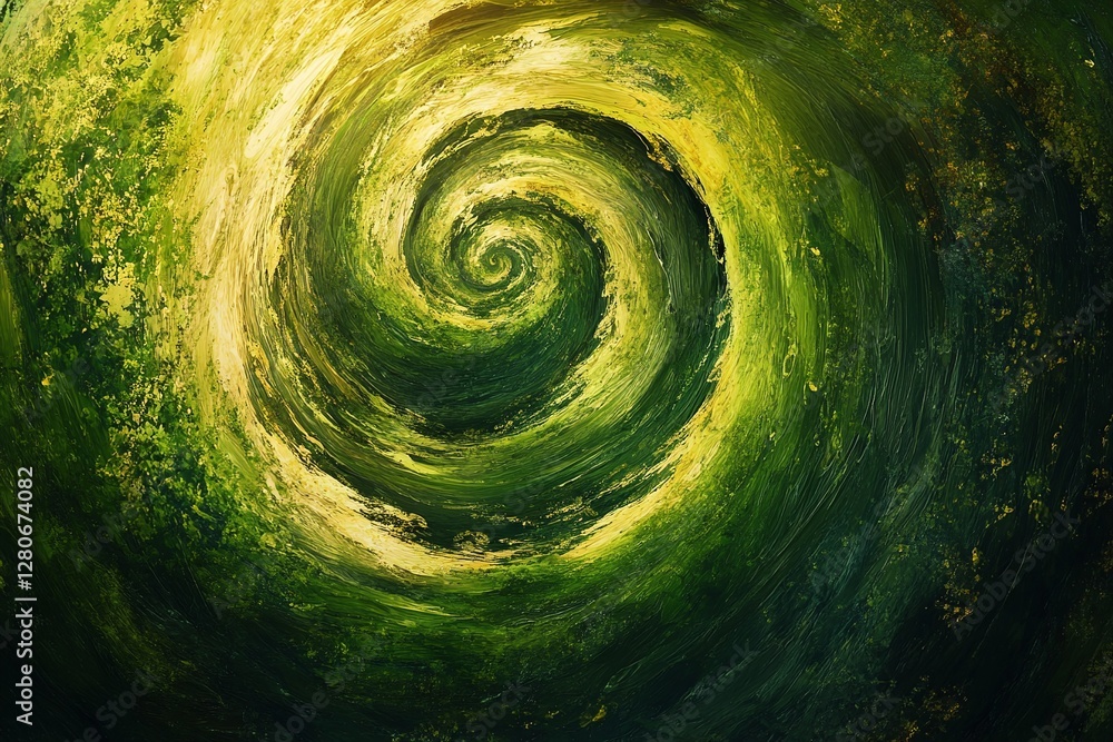 Poster abstract green and yellow spiral artistic texture with energetic swirling patterns and dynamic brush