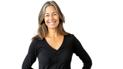 A Smiling Woman with Her Hand on Her Hip Posed on Transparent Background, PNG