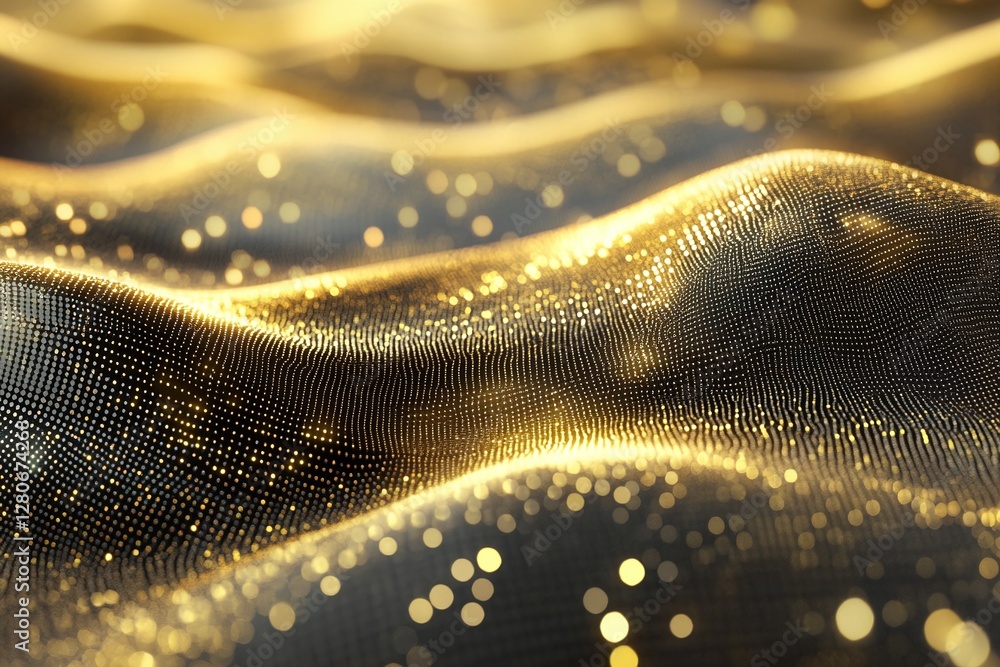 Poster golden wavy abstract background with glowing dots and bokeh highlights for modern digital design