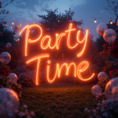 Text 'Party Time" green neon color glowing light on dark night city realistic. 