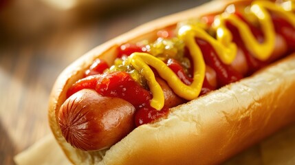 A close-up of a delicious hot dog topped with ketchup, mustard, and relish, served in a soft bun.