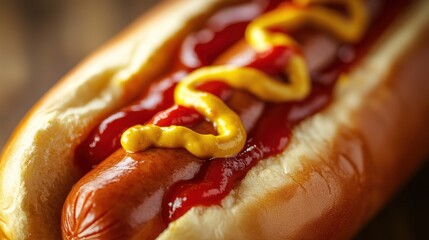 A close-up of a delicious hot dog topped with mustard and ketchup, showcasing vibrant colors and mouthwatering textures.
