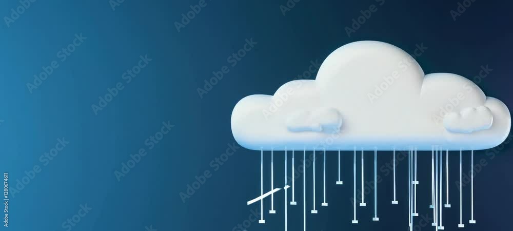 Poster cloud emitting digital streams in a techthemed animation on blue background