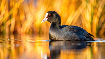 Fototapeta premium Fashionable water bird: a black coot's elegant pose in natural reed setting.