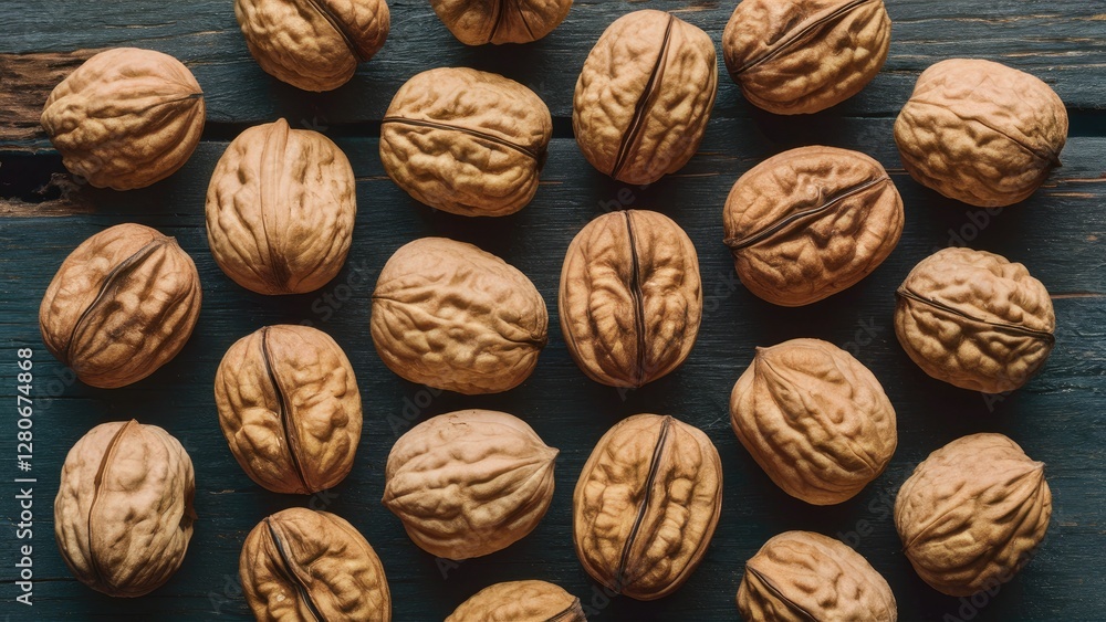 Poster walnuts arranged in a circular pattern on a dark rustic wooden surface showcasing their textured she