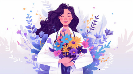 Obraz premium A woman in a white coat holding a bouquet of colorful flowers, symbolizing empowerment, strength, and care in the medical field. AI Generated Images.