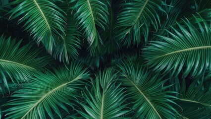 Lush green tropical palm leaves arranged symmetrically creating a vibrant summer vibe backdrop with rich textures and deep shades of green.