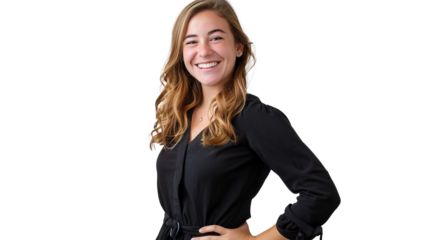 A Smiling Woman with Her Hand on Her Hip Posed on Transparent Background, PNG