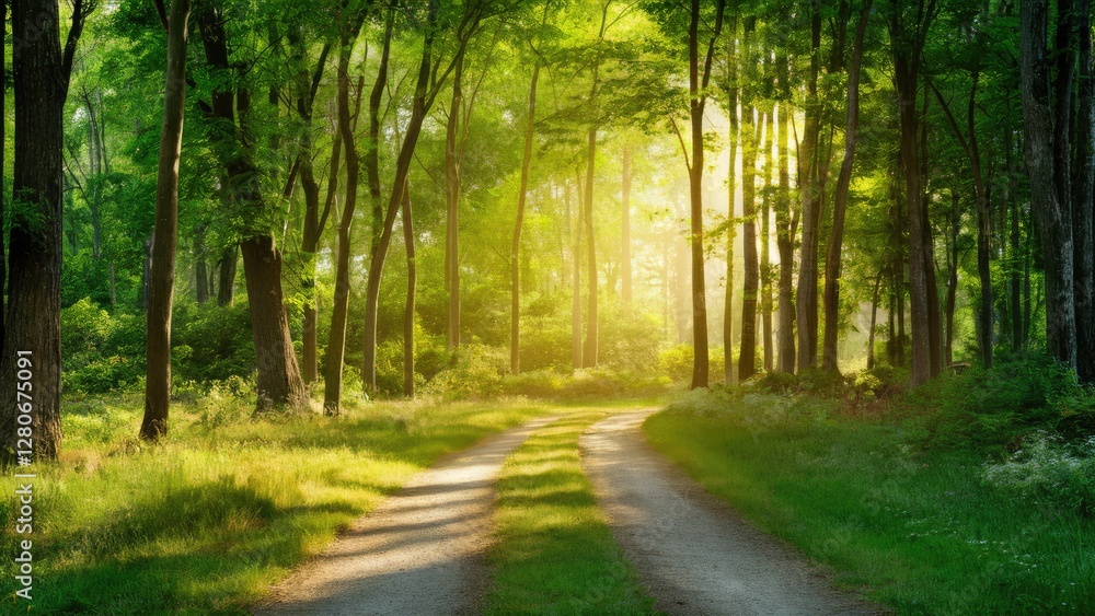 Poster lush green forest path illuminated by gentle sunlight with tall trees on both sides creating a seren