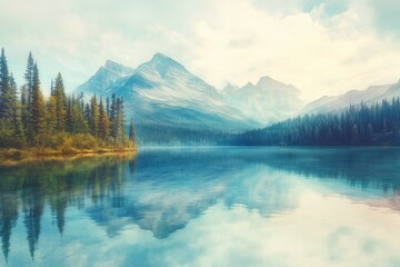 Fototapeta premium Tranquil Mountain Lake With Evergreen Trees And Reflections Under Soft Morning Sky