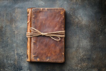 Vintage Brown Leather Journal with Rope Tie on Rustic Textured Dark Background for Writing and Notes