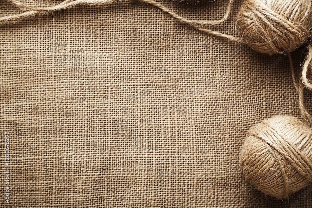 Poster natural burlap texture background with jute twine balls for crafts and rustic diy projects