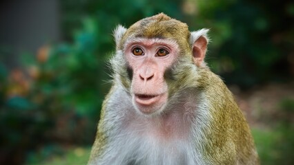 Fototapeta premium Close-up portrait of a monkey with light brown fur and expressive eyes, centered in the image, against a blurred green background.