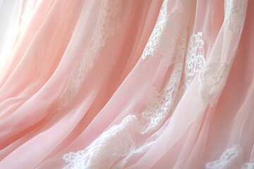 Soft Pink Lace Fabric with Delicate White Floral Embroidery Closeup in Natural Light Draping Texture
