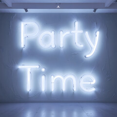 3D Render of Creative Idea Sign on Empty Stage with Spotlights and Neon Lights for Holiday Celebration Text "Party Time"