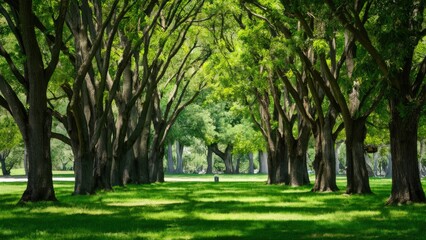 Obraz premium Lush green trees arching over a sunlit park pathway with vibrant grass below, creating a serene atmosphere of tranquility and nature's beauty.
