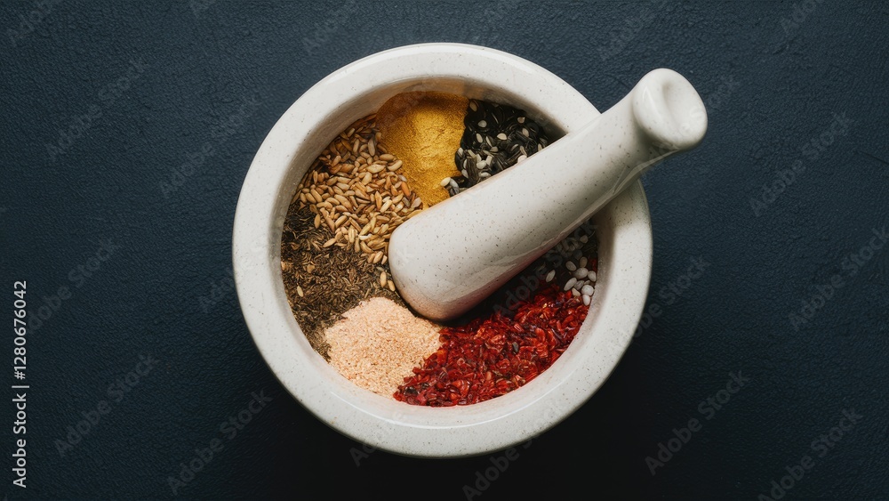 Poster white mortar and pestle filled with assorted colorful spices grains and seeds arranged in sections o