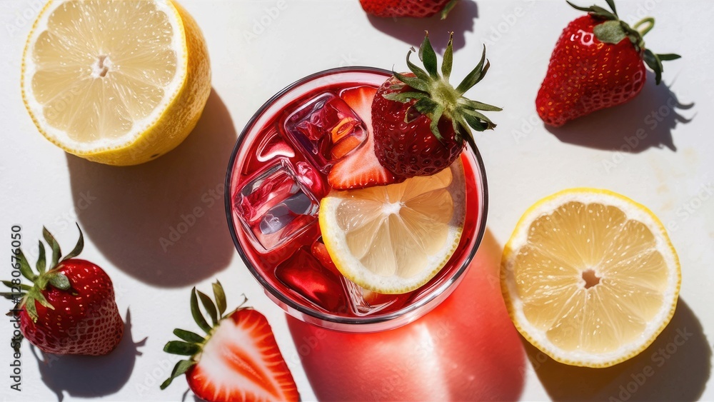 Poster refreshing cocktail with strawberries and lemon slices in a round glass on a light background with i