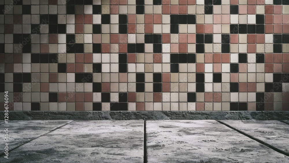 Poster tiled wall background with a mix of beige and brown squares in varying sizes above a rough textured 