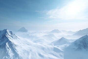 Obraz premium Breathtaking Snow Covered Mountain Peaks Under Clear Blue Sky With Soft Misty Horizon View