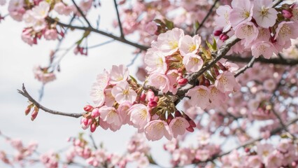 Delicate pink sakura blossoms blooming on a branch with soft white background sunlight highlighting the petals and buds against clear sky