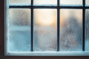 Frosted Glass Window Pane With Snowy Details And Warm Sunset Glow In The Background During Winter