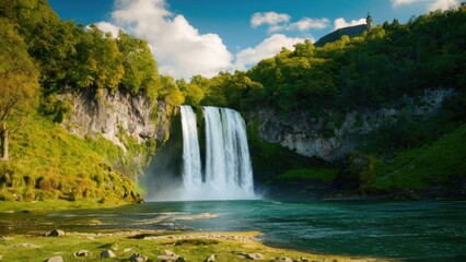 Obraz premium Majestic waterfall cascading into a turquoise river surrounded by lush green hills and a blue sky with fluffy white clouds in a European landscape