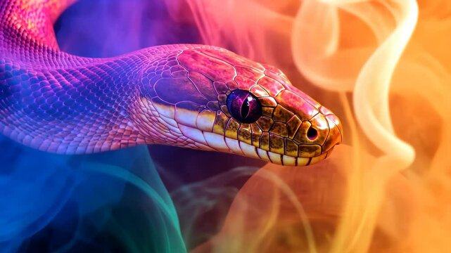Colorful snakes and swirling smoke create a captivating timelapse experience, big snakes and colored smoke seamless ing timelapse virtual video Background