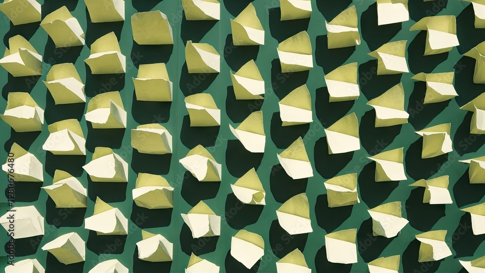 Poster square-shaped paper sheets in varying angles creating shadows on a green background, featuring yello