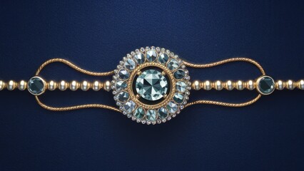 Fototapeta premium Elegant jewelry piece featuring a central aquamarine stone surrounded by shimmering crystals and golden accents on a deep navy blue backdrop.