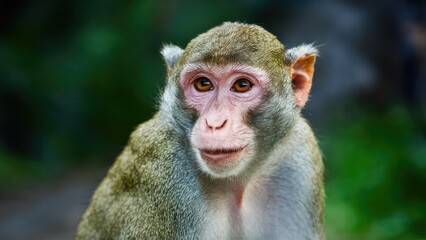 Fototapeta premium Close-up portrait of a mature monkey with soft fur shades of brown and grey against a blurred green background, showcasing expressive eyes and gentle features.