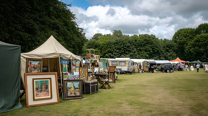 Outdoor art and craft fair with paintings and stalls under cloudy sky