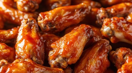 A close-up shot of golden-brown chicken wings coated in a rich, glossy BBQ sauce.