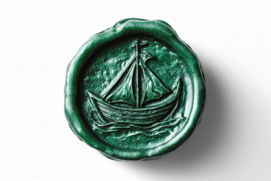 Green wax seal with engraved medieval sailing ship on transparent background