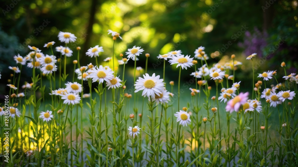 Poster vibrant daisies in a lush green garden with sunlight filtering through trees creating a soft bokeh b