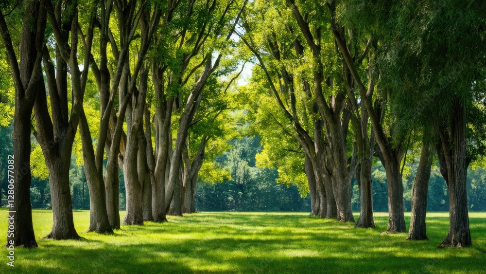 Poster lush green trees forming a shaded pathway in a serene park setting with vibrant foliage and sunlight