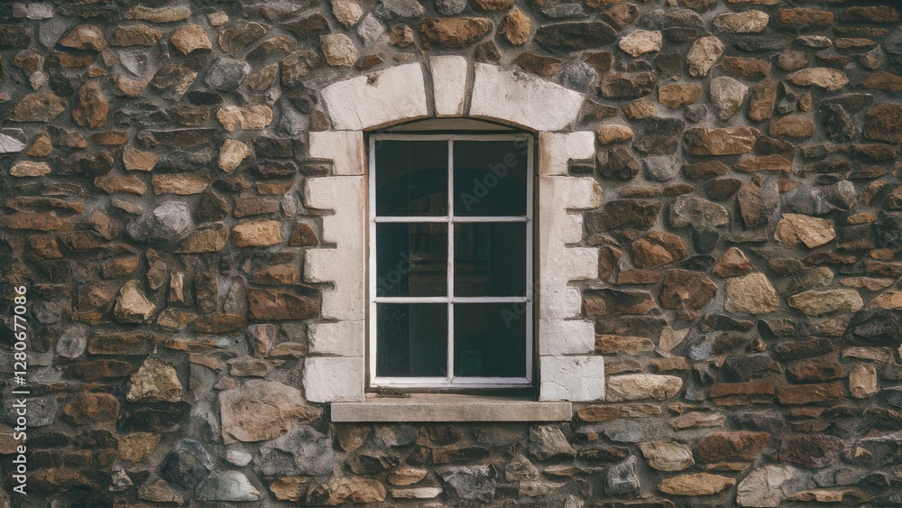 Poster stone wall texture featuring a centered window with white trim isolated on a rustic stone background
