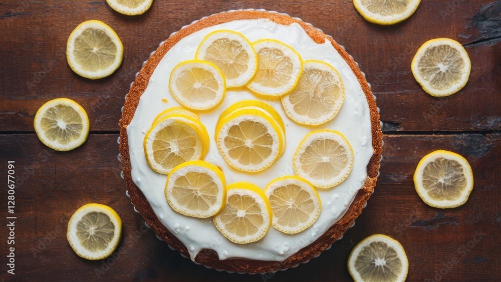 Poster lemon cake topped with fresh lemon slices on a rustic wooden surface surrounded by additional lemon 