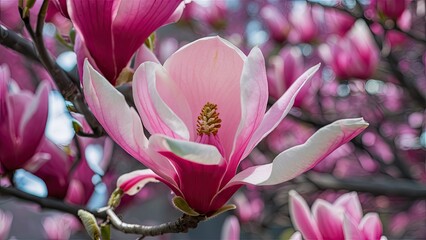 Close-up of pink magnolia blossoms with soft white edges under a bright blue sky. The flowers are prominently positioned against blurred foliage.