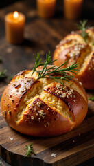 Artistic display of damper bread with rosemary, cozy candlelit scene
