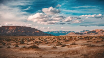 Naklejka premium Serene desert landscape under a soft azure sky with wispy clouds, featuring golden sand dunes and distant mountains illuminated by natural light.