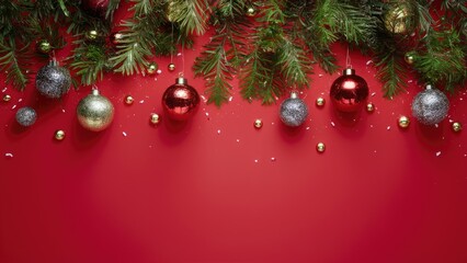 Festive red background featuring greenery with gold, silver, and red ornaments hanging from the top, creating a cheerful holiday atmosphere.
