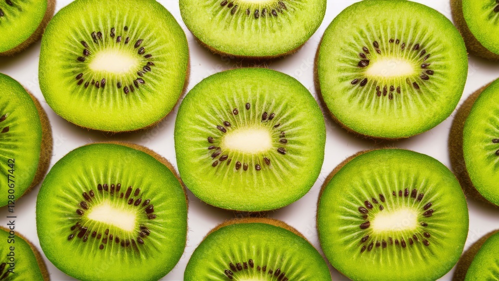 Poster sliced kiwi fruit arranged in a circular pattern against a bright white background showcasing vibran
