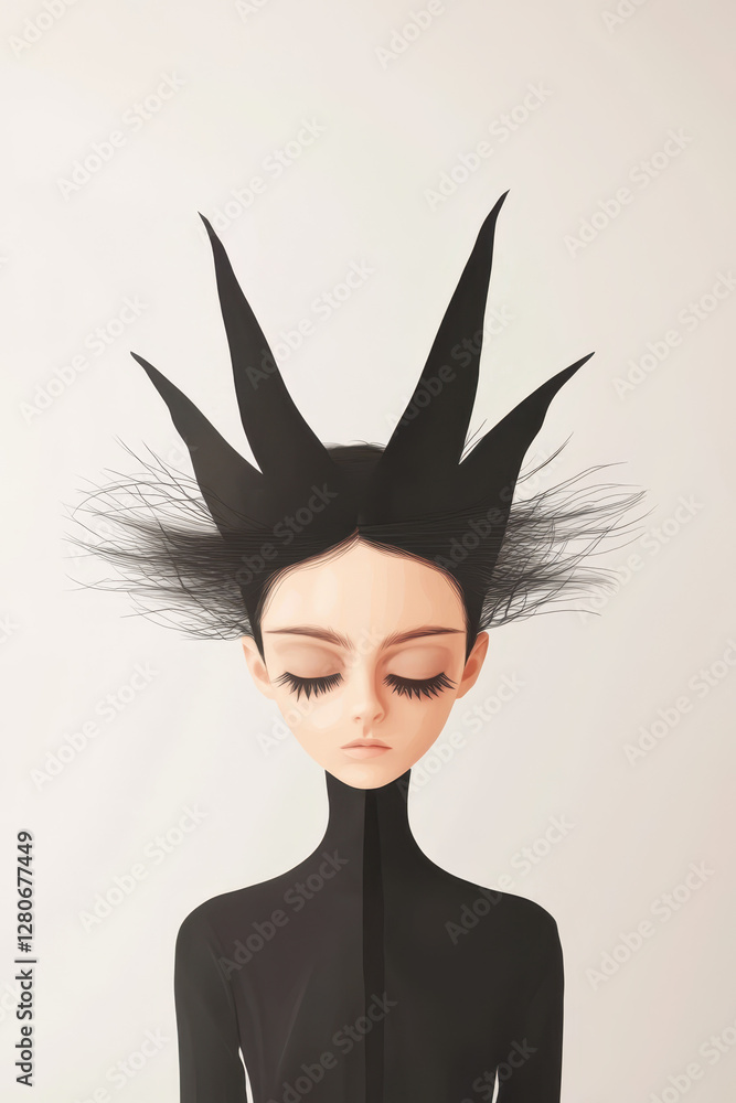Poster exploring artistic expressions: a captivating portrait of a surreal character with unique hair and e