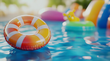vibrant pool scene with colorful inflatable toys floating on water, creating fun and lively atmosphere. sunlight reflects off water, enhancing playful mood