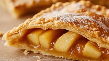 Delicious golden-brown apple pie with flaky crust, revealing warm spiced apples inside.